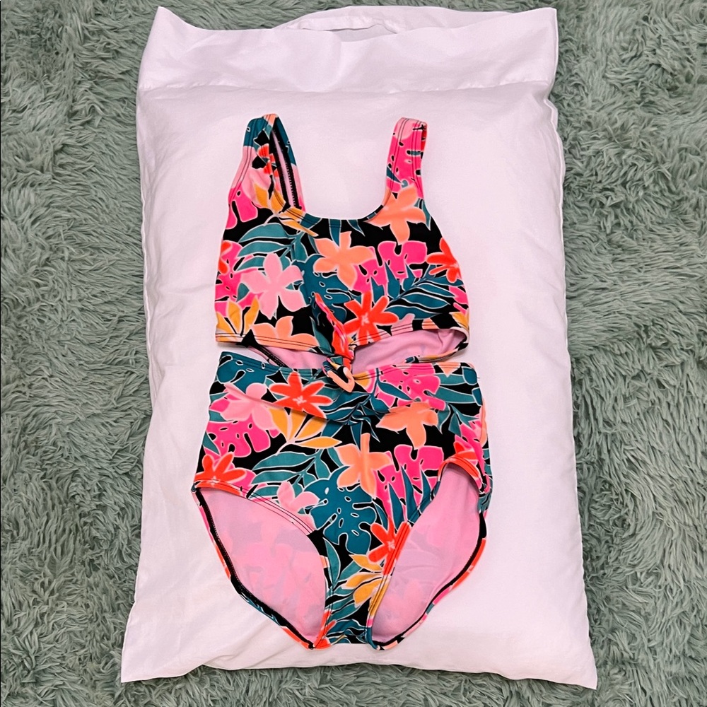 Art Class Floral Kids Swim One Piece - Pink and Black